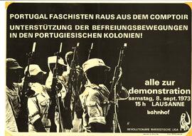 Affiche - appel à la manifestation de septembre 1973 contre la présence du Portugal au Comptoir suisse, Lausanne